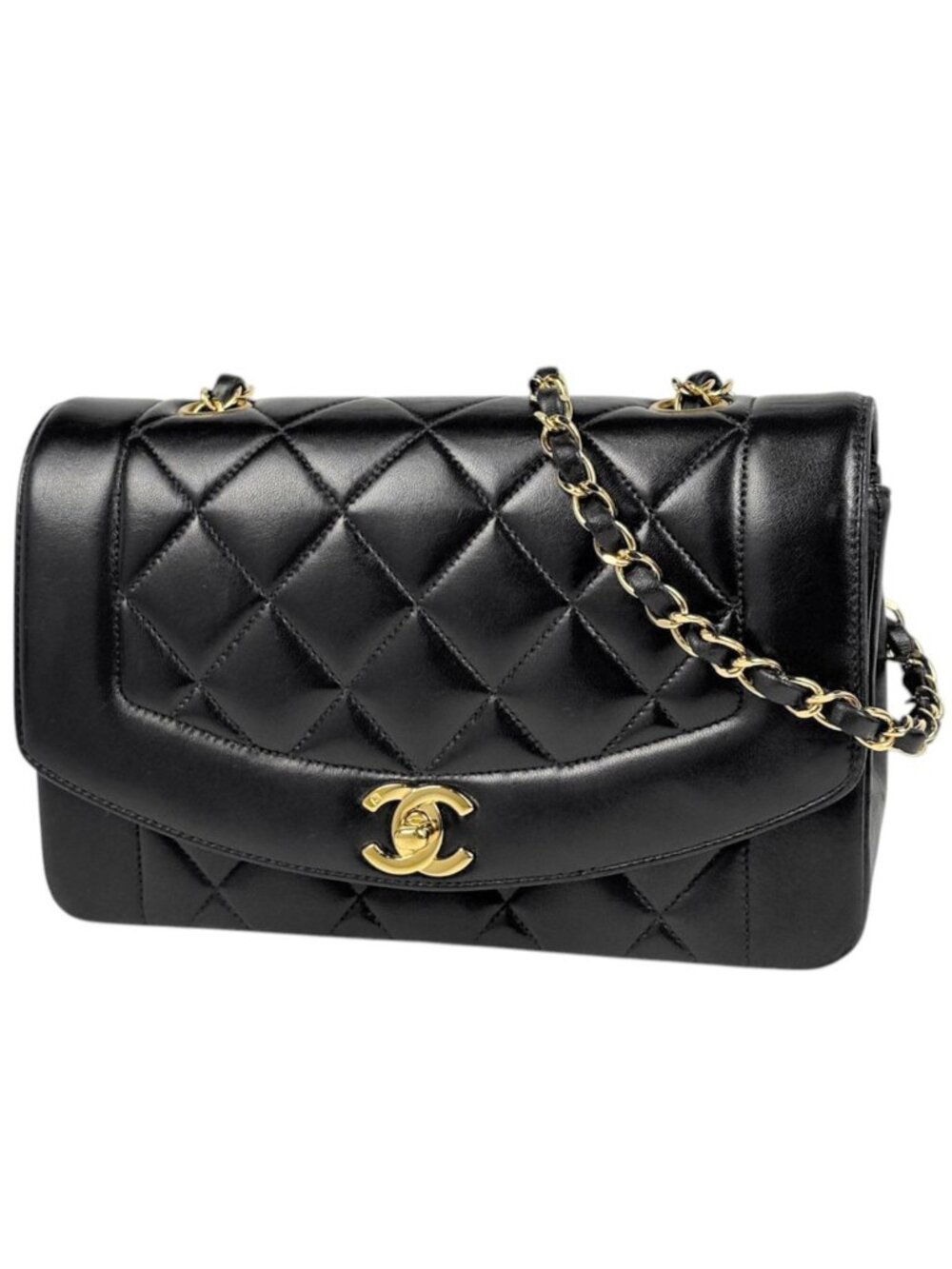 Chanel Diana Quilted Shoulder Bag CC Logo Leather Black